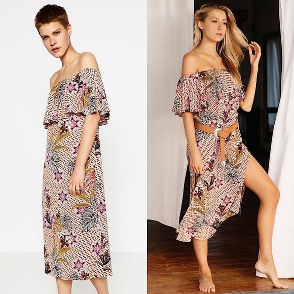 ZARA 70s Tropical Floral Ruffle Off Shoulder Short Sleeve Side Slit Midi Dress S - Picture 1 of 16
